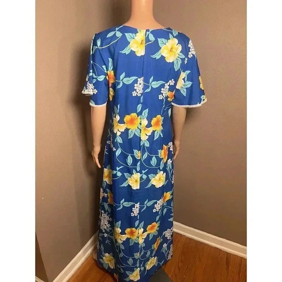 Made in Hawaii Vintage MuuMuu Maxi Dress Blue with Yellow Hibiscus Ladies Sz 14 - Picture 4 of 9